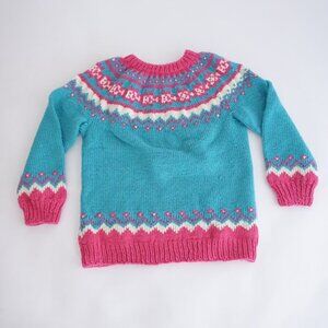 Vintage Turquoise Pink Fair Isle Chunky Knit Sweater Nordic Pattern Cabincore S